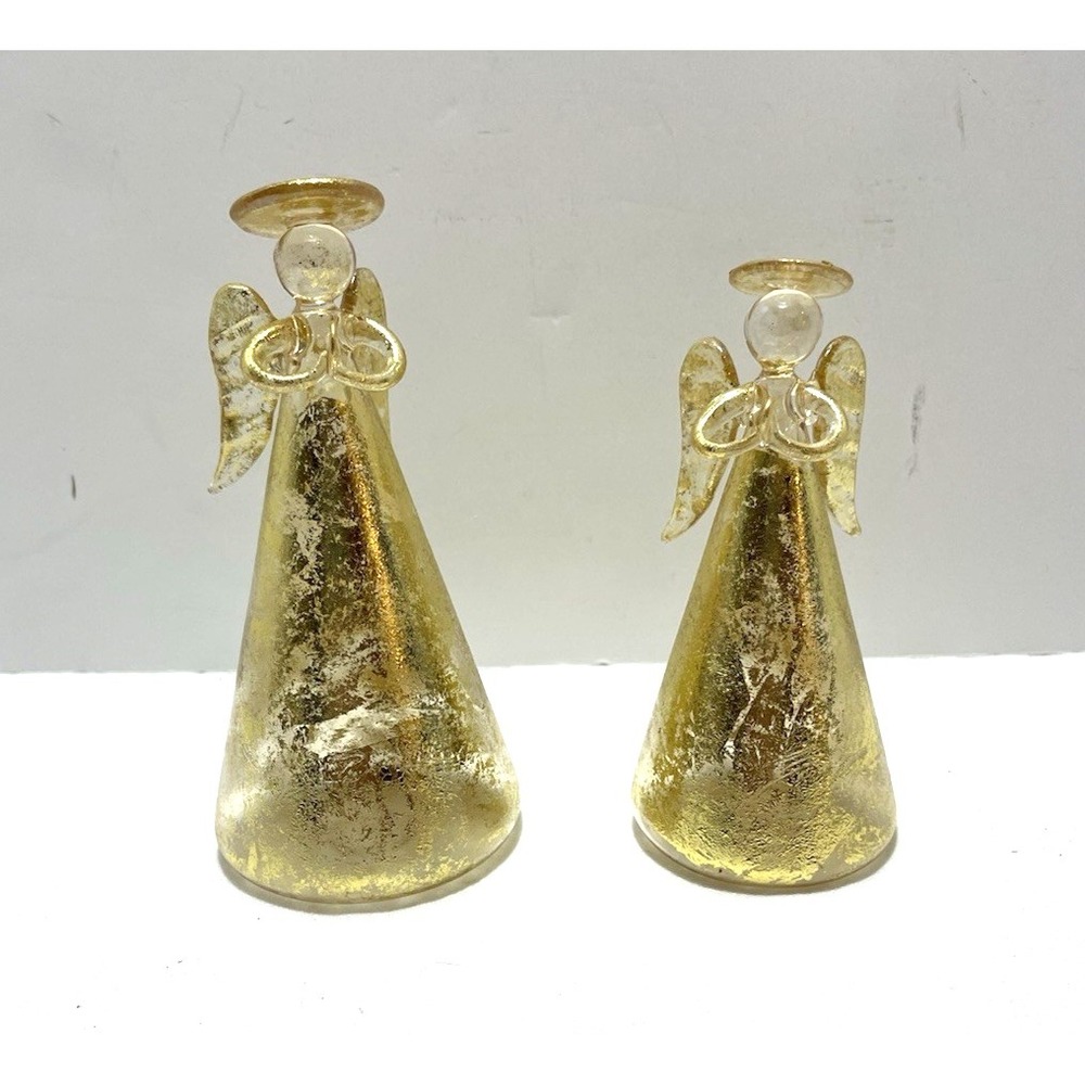 Blown Glass Angel Figurines Gold Leaf Clear Set of 2 Holiday Seasonal Christmas